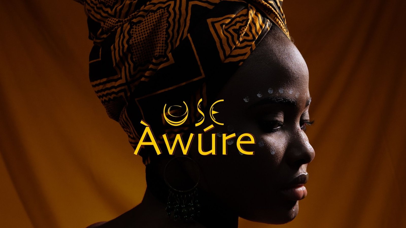 USE Àwúre brand image — woman in a golden head wrap with the brand logotype