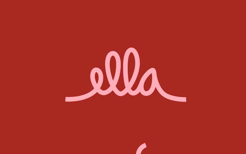 Ella animated logo — pink cursive lettering on red