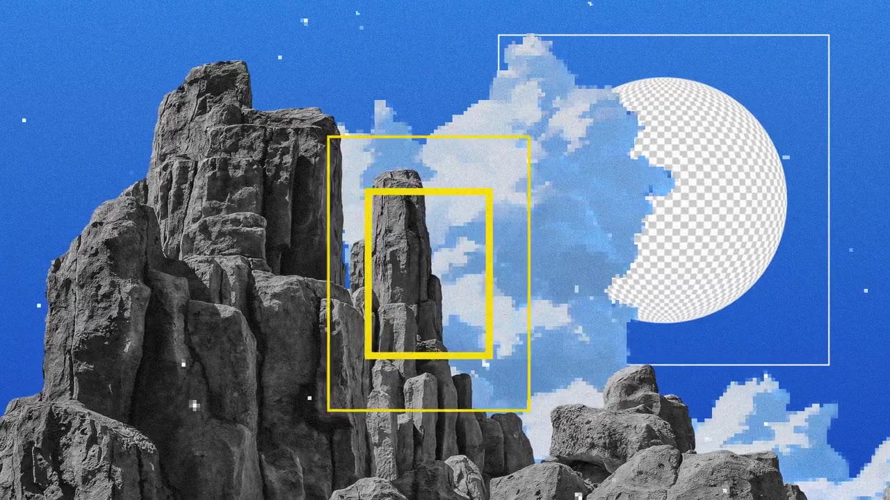 Opening scene: rocky cliffs against a blue sky with a transparency-checker moon