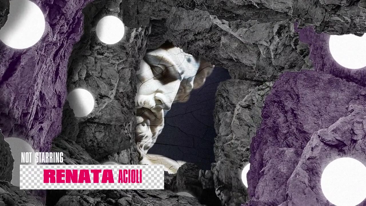 Purple rock scene with a classical statue and floating spheres, credit card for Renata Acioli