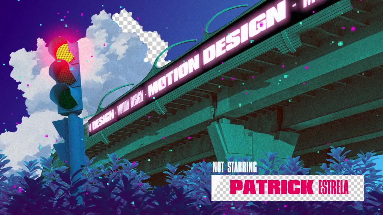 Neon overpass scene with traffic light and Motion Design lettering