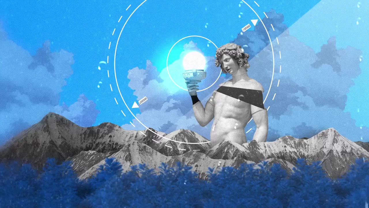 Mountains under a blue sky with a bright light source