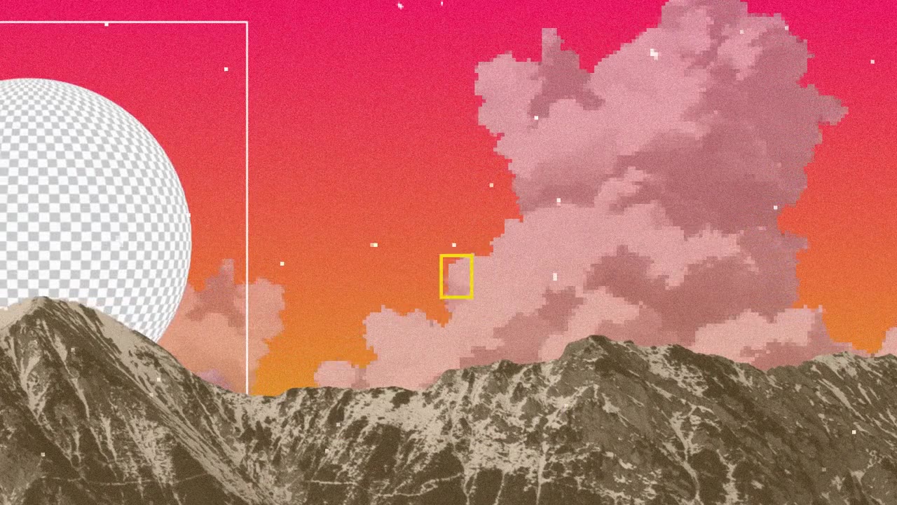 Sunset gradient scene with clouds and checkerboard sun