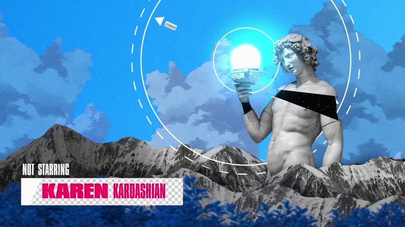 Vaporwave collage: classical statue holding a glowing orb over mountains