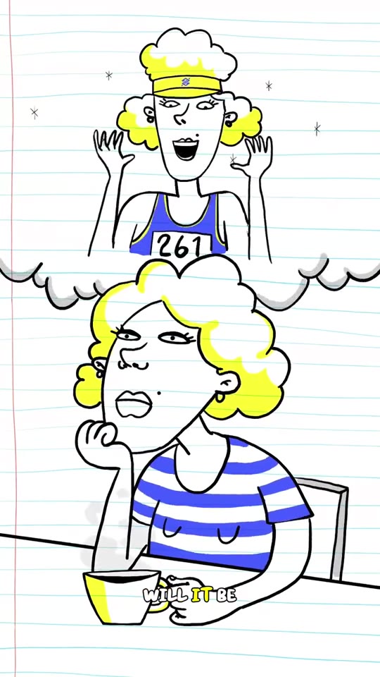 Runner character cheering with expressive gesture, hand-drawn in ink