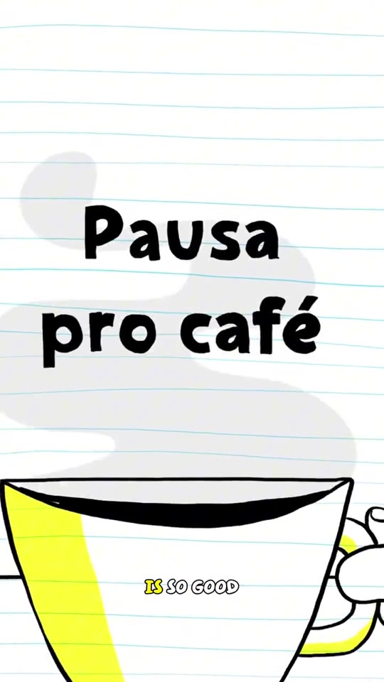 On-screen lettering reading “Pausa pro café” — coffee break — with a steaming cup