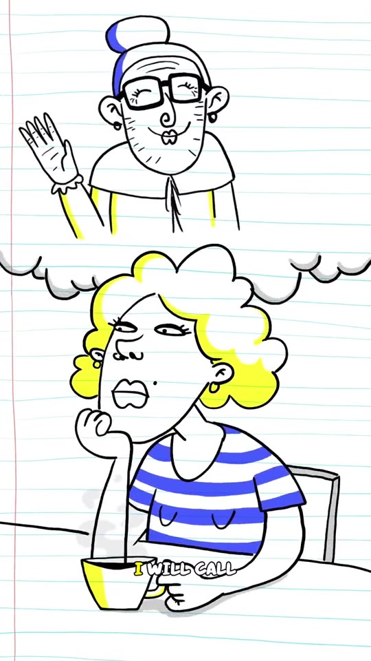 Grandma character waving inside a thought bubble