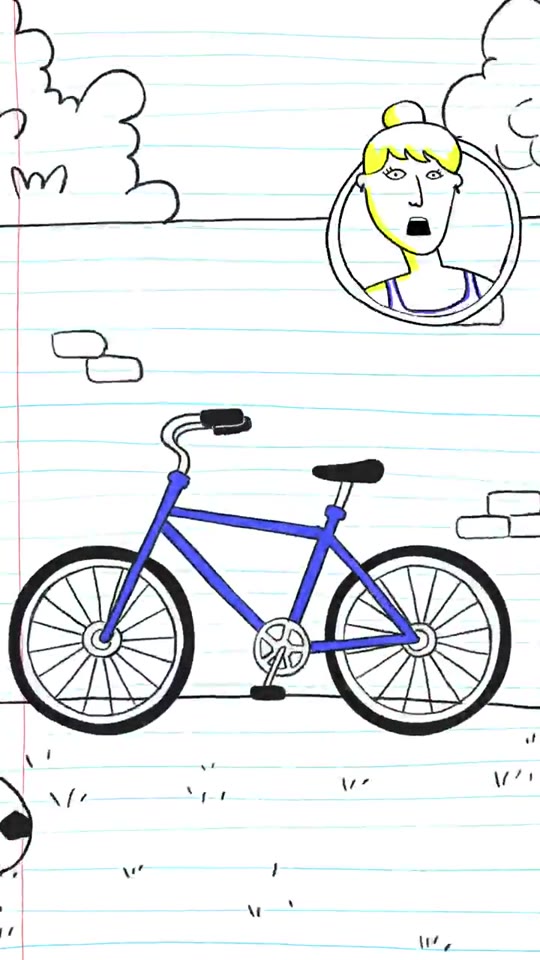 Blue doodle bicycle leaning against a sketched wall