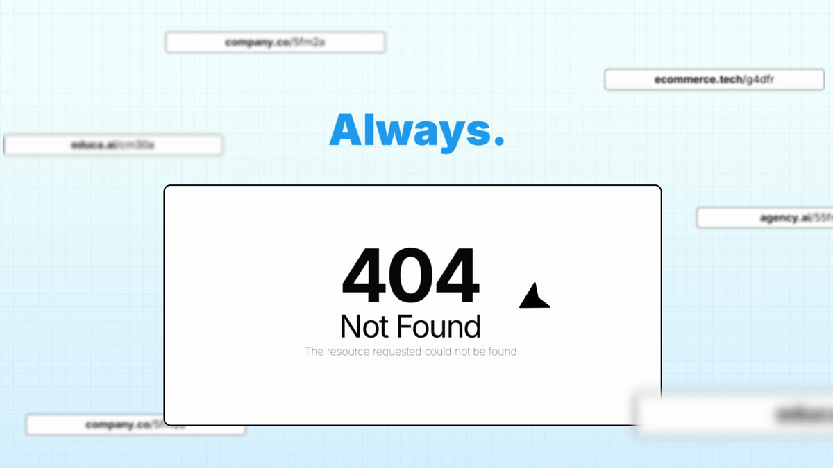Problem scene: 404 Not Found card over floating broken links